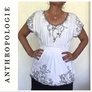 Anthropologie White and Black Embroidered Blouse
